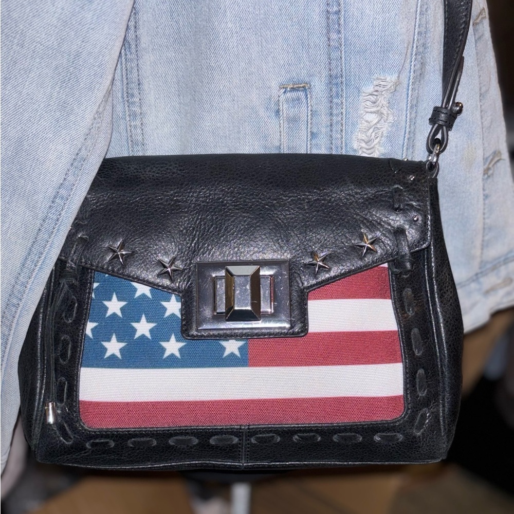 Aimee Kestenberg Black Leather Crossbody with American Flag Front Panel
